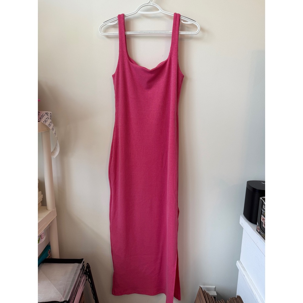 Tyche Hot Pink Ribbed Knit Bodycon Midi Dress Side Slit Tank Sleeveless Size M